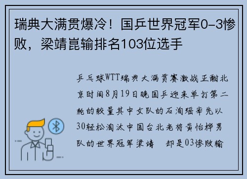 瑞典大满贯爆冷!国乒世界冠军0-3惨败,梁靖崑输排名103位选手 瑞典大满贯爆冷!国乒世界冠军0-3惨败,梁靖崑输排名103位选手